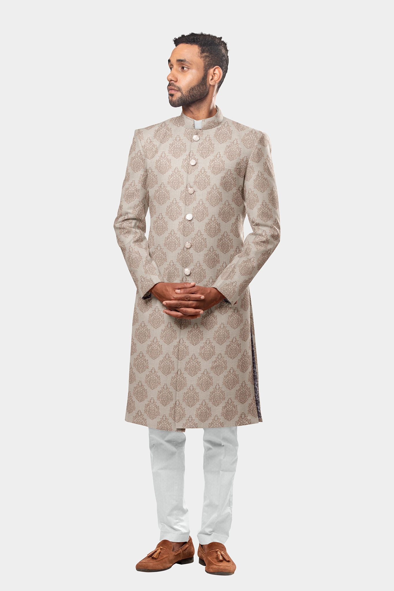 Steel Grey with Elegant Brown and Silver Leafy Patterned Sherwani 37JK